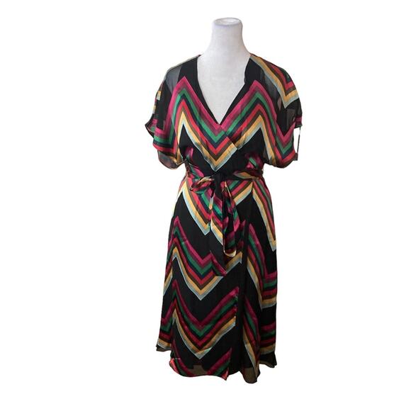 Alice + Olivia Rainbow Chevron Stripe LEXA Belted Fit & Flare Midi Dress Size 0 - Picture 2 of 10